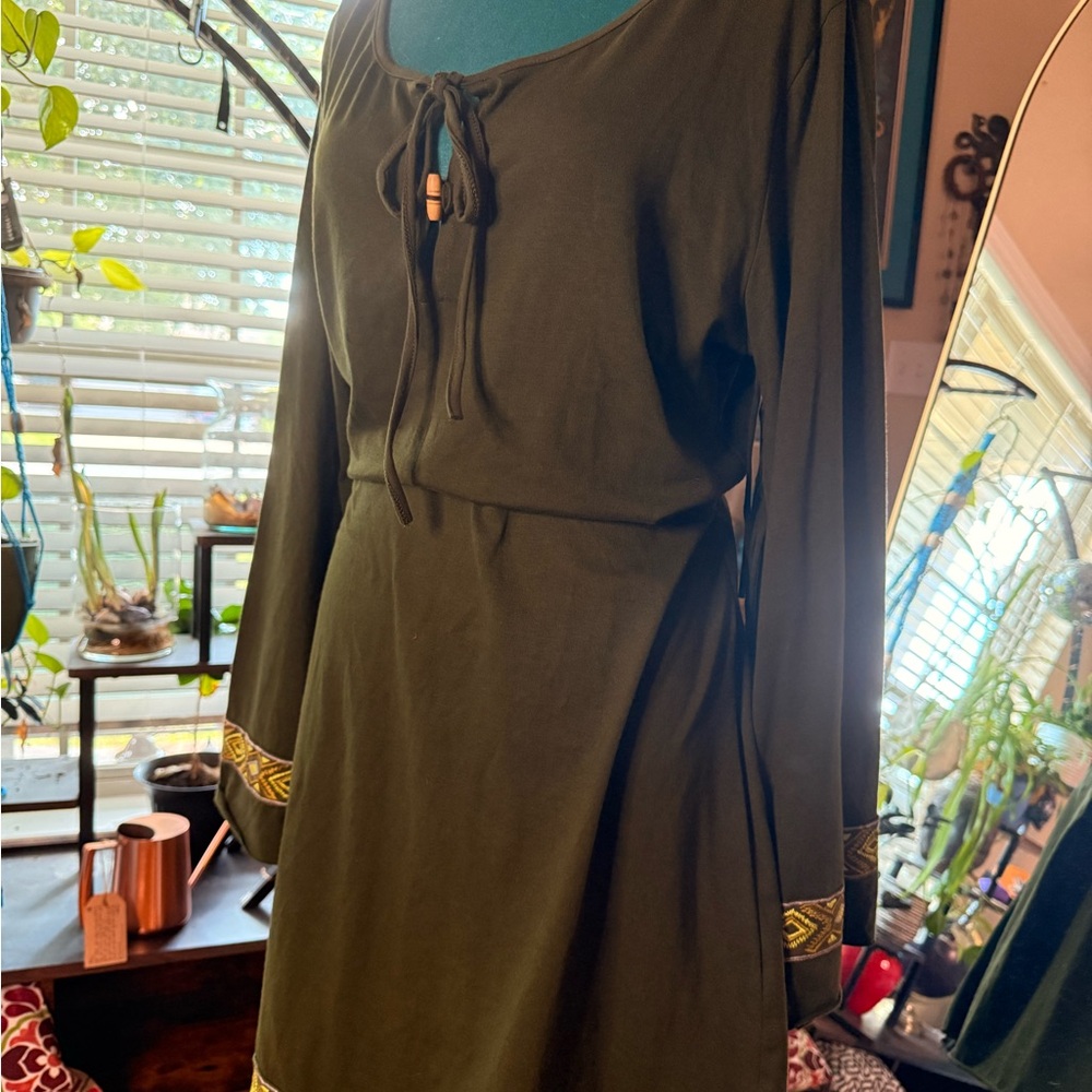 Gypsy Rose Forest Green Boho Bell Sleeve Dress – Handmade in Nepal, Size L